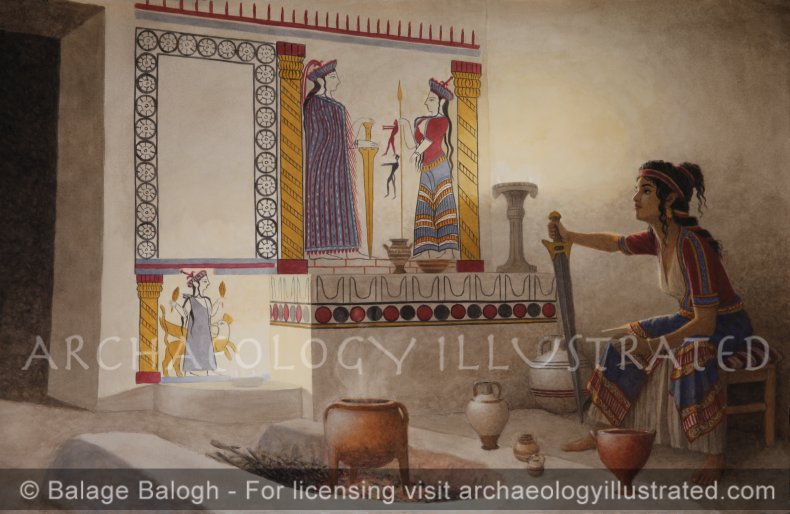 Mycenae, Cult Room with Wall Painting and Actual Finds in Lower Citadel, 1250 BC - Archaeology Illustrated