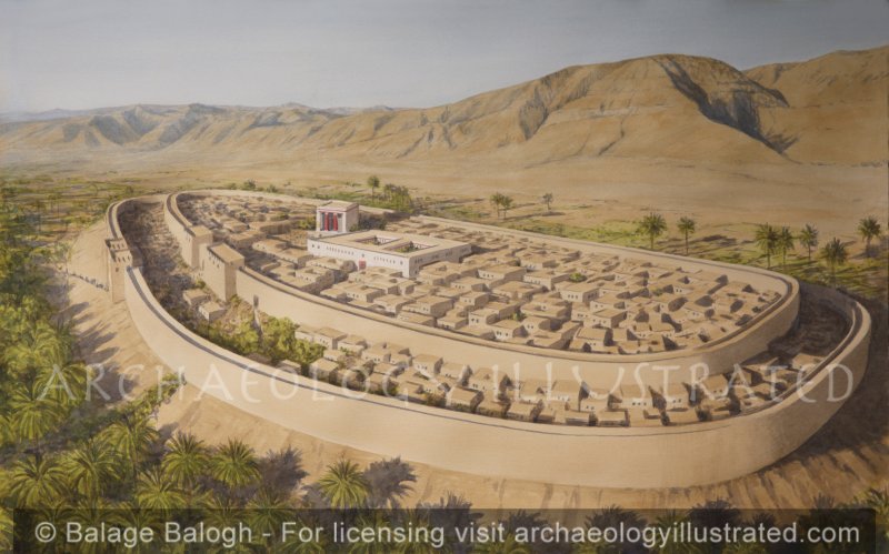 Ancient Jericho in the Middle Bronze Age around 1550 BC, with Canaanite Palace and Temple in Center. Looking Southwest towards Judean Desert - Archaeology Illustrated