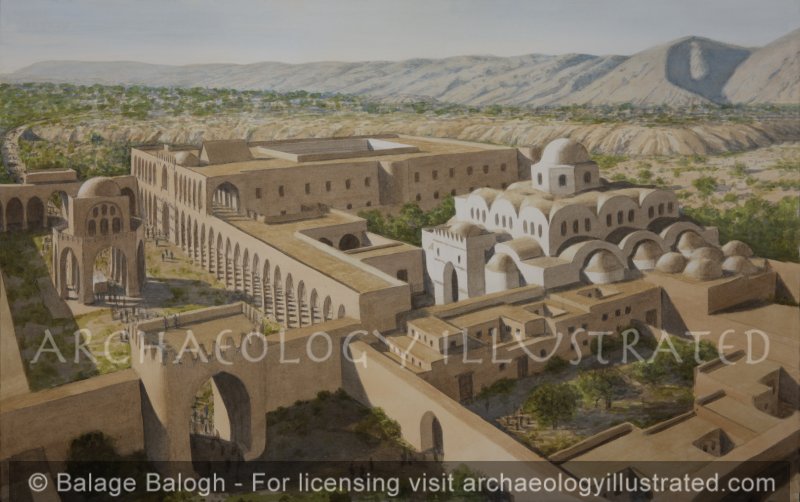 Hisham’s Palace, The Town of Jericho and the Ancient Tell of Jericho in Background, Umayyad Period, around 730 AD, Looking South-SW - Archaeology Illustrated