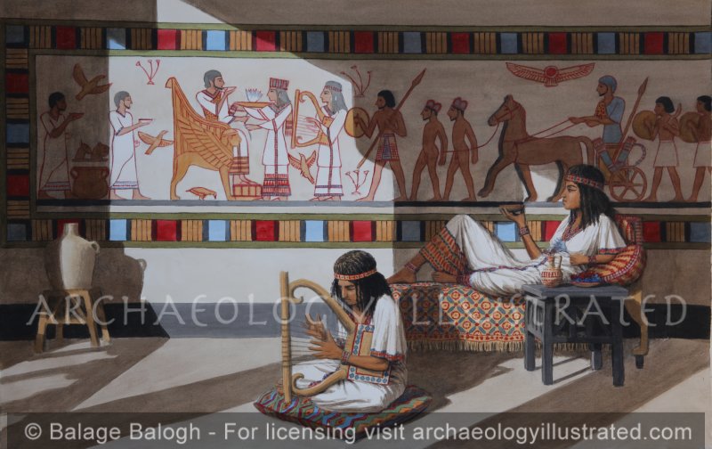 Megiddo,  Conjectural Canaanite Palace Wall Painting based on an Ivory Relief on Dagger Sheath Found there, 13th century BC - Archaeology Illustrated