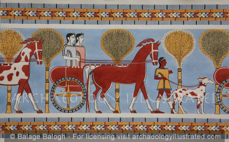 Mycenae, The Acropolis: The Ladies Going out for a Chariot Ride, Reconstruction of a Wallpainting in the Royal Palace, 1200 BC - Archaeology Illustrated
