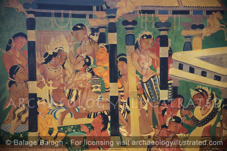 Ajanta, Reconstruction of Wallpaintng Detail in Cave 1 in it’s Original Colors, Mahajanaka Jataka Theme, 3-5th Centuries AD - Archaeology Illustrated
