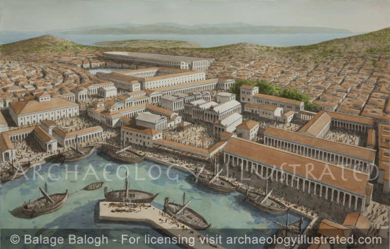 Delos, The Sacred Harbor and City Center, Island of Mykonos in the Background, 2nd Century BC - Archaeology Illustrated