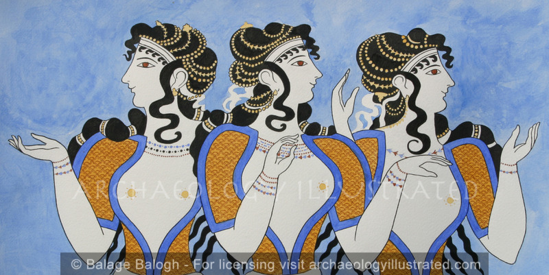 Restored Minoan Period Wall Painting from Knossos, Island of Crete, Three Ladies, 15th C. BC - Archaeology Illustrated
