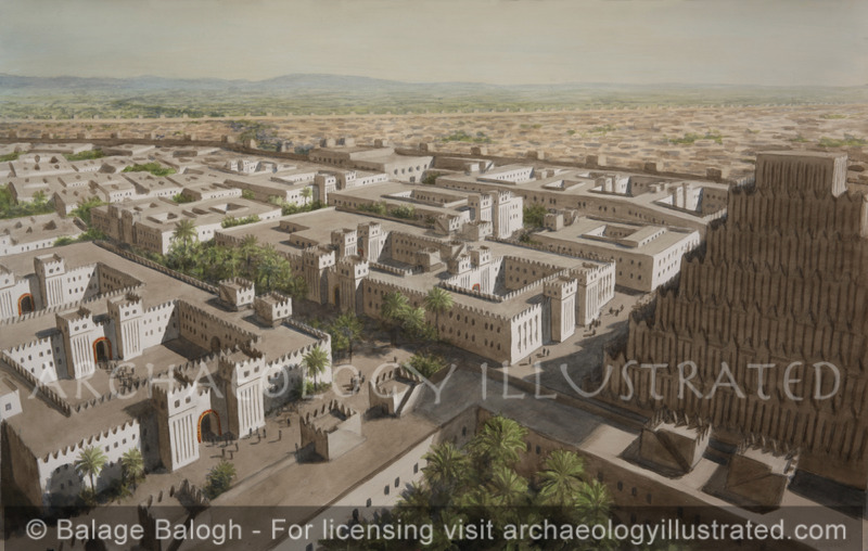 Nineveh Acropolis, Temple of Ishtar, (Center) Temple of Nabu, (Left), Ziggurat (Right) and Palaces Beyond, 12th-7th Centuries BC, Looking East - Archaeology Illustrated