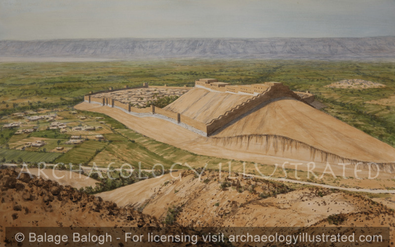 Sodom (Tall el-Hammam) on the Kikkar (Plain of Jericho), Middle Bronze Age, Based on excavations by S. Collins, Looking West, Dead Sea on Left, Jericho on Right - Archaeology Illustrated