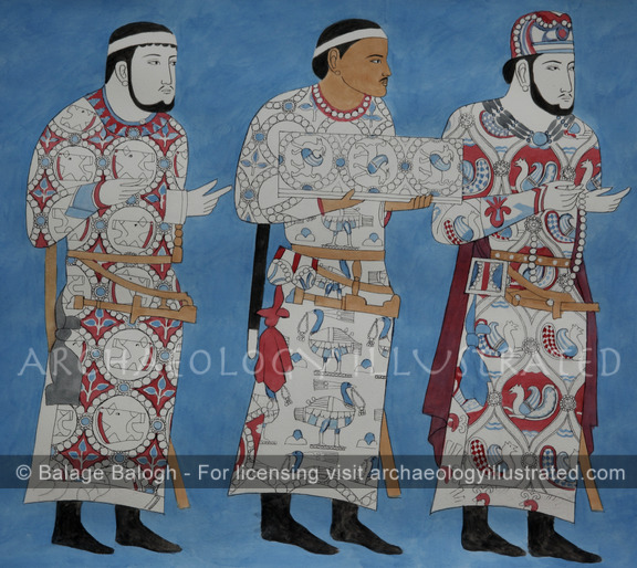 Afrasiab / Ancient Samarkand, Mural Detail of Visiting Nobles Bearing Gifts, 6th Century AD - Archaeology Illustrated