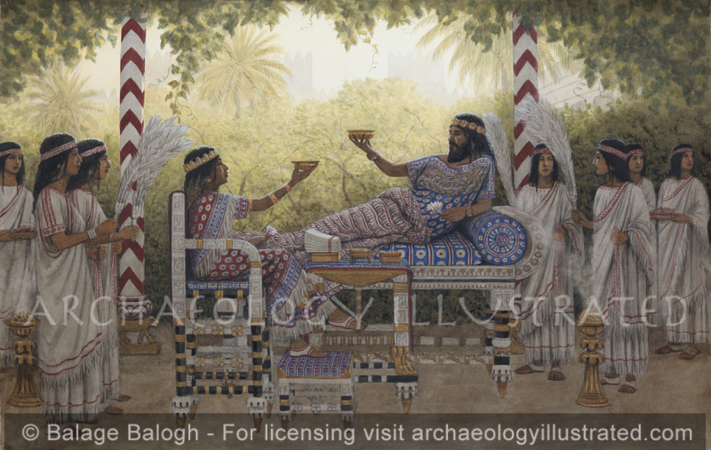 Assurbanipal, King of Assyria and His Queen Assursharrat in the Palace Garden in Nineveh, Based on a Stone Relief Depiction, 7th Century BC - Archaeology Illustrated